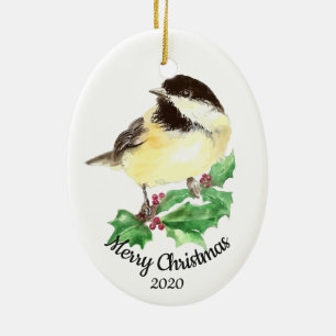 Custom Dated Christmas Watercolor Chickadee Bird Ceramic Tree Decoration