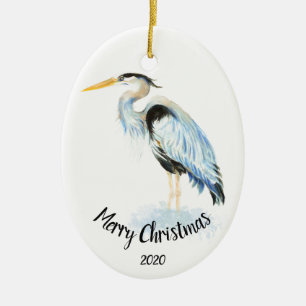 Custom Dated Christmas Watercolor Great Blue Heron Ceramic Tree Decoration