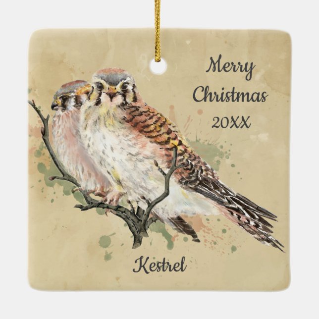 Custom Dated Christmas Watercolor Kestrel, Falcon  Ceramic Ornament (Back)