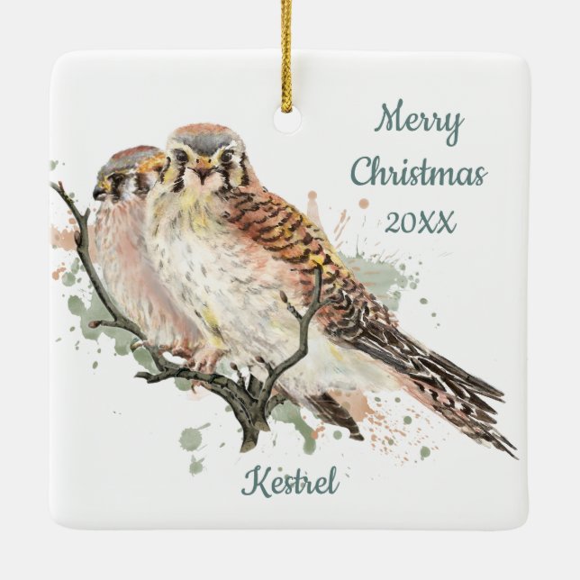 Custom Dated Christmas Watercolor Kestrel, Falcon  Ceramic Ornament (Back)