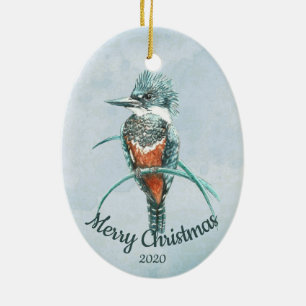 Custom Dated Christmas Watercolor Kingfisher Bird Ceramic Tree Decoration