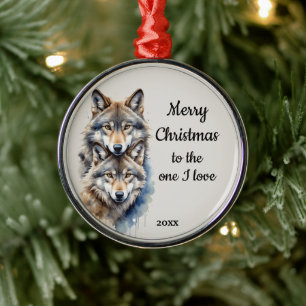 Custom Dated Christmas Wolf One I Love Metal Tree Decoration