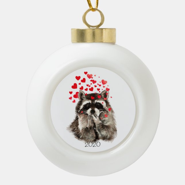 Custom Dated Cute Racoon Animal Funny Love Hearts Ceramic Ball Christmas Ornament (Front)