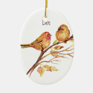 Custom Dated Cute Sparrow Bird Couple Ceramic Tree Decoration