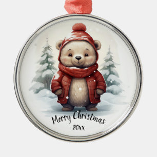 Custom Dated Cute Winter Bear Animal Christmas  Metal Tree Decoration