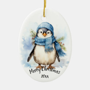 Custom Dated Cute Winter Penguin Bird Christmas  Ceramic Tree Decoration