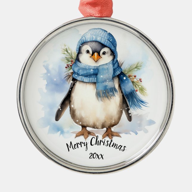 Custom Dated Cute Winter Penguin Bird Christmas  Metal Tree Decoration (Front)