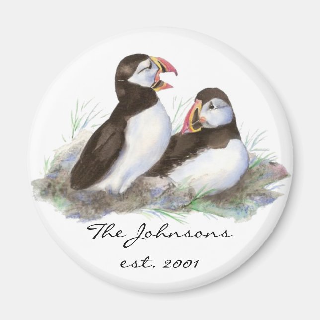 Custom Dated Family Monogram Cute Puffins Magnet (Front)