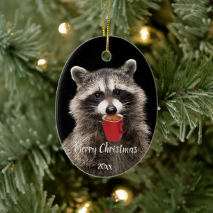 Custom Dated Fun Racoon Drinking Coffee  Ceramic Tree Decoration
