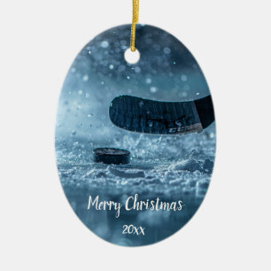 Custom Dated Ice Hockey Player Christmas  Ceramic Tree Decoration