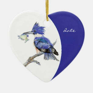 Custom Dated Kingfisher Watercolor Bird Ceramic Tree Decoration
