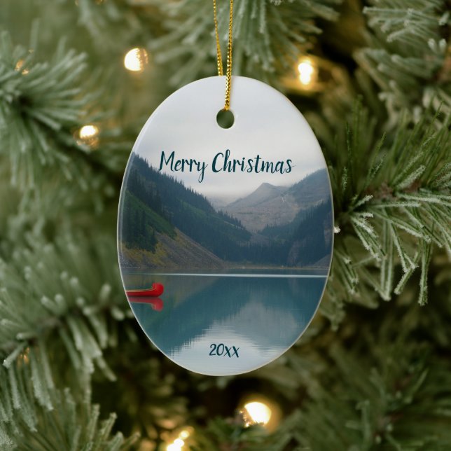 Custom Dated Lake Peaceful Red Canoe Boating  Ceramic Tree Decoration (Tree)