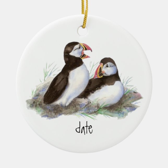 Custom Dated  Puffins Bird Ceramic Tree Decoration (Front)