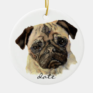 Custom Dated, Pug, Pet, Dog, Animal Ceramic Tree Decoration