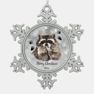 Custom Dated Raccoon Blowing Kisses, Love Animals  Snowflake Pewter Christmas Ornament