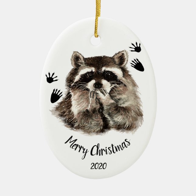 Custom Dated Racoon Blowing Kisses, Love Animals Ceramic Tree Decoration (Front)