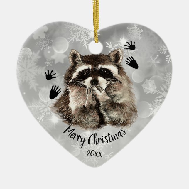 Custom Dated Racoon Blowing Kisses, Love Animals  Ceramic Tree Decoration (Front)