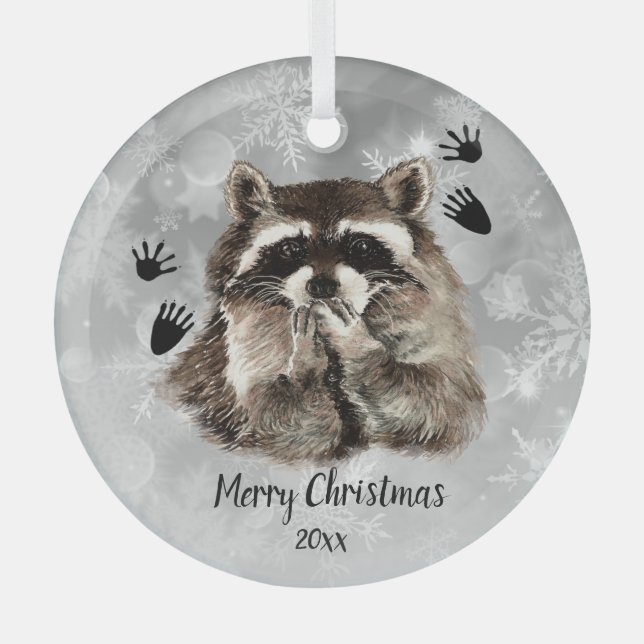 Custom Dated Racoon Blowing Kisses, Love Animals  Glass Tree Decoration (Front)