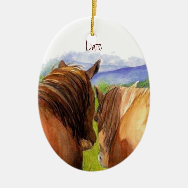 Custom Dated Romantic Horses Sharing a Secret Ceramic Tree Decoration (Front)