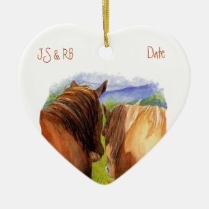 Custom Dated Romantic Horses Sharing a Secret Ceramic Tree Decoration