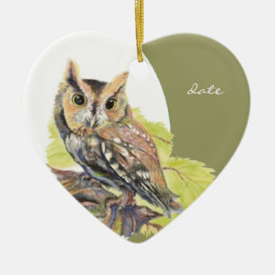 Custom Dated Screech Owl Watercolor Bird Ceramic Tree Decoration