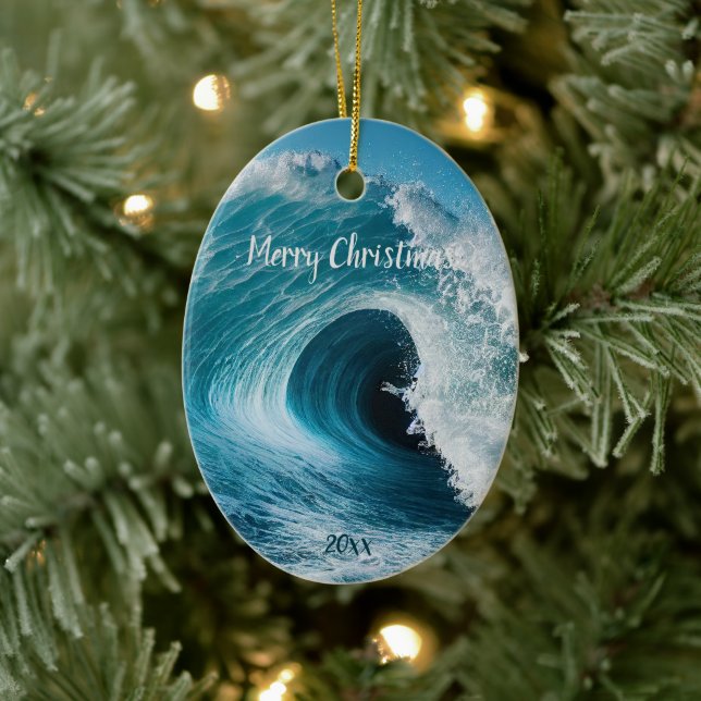Custom Dated Surfer Surfing Wave Curl Ocean Water  Ceramic Tree Decoration (Tree)