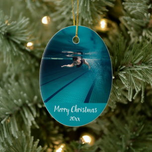Custom Dated Swimming Swimmer Swim Christmas  Ceramic Tree Decoration