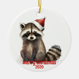 Custom Dated Vintage Christmas Watercolor Racoon Ceramic Tree Decoration