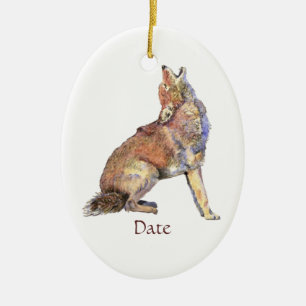 Custom Dated Watercolor Howling Coyotes Animal Ceramic Tree Decoration