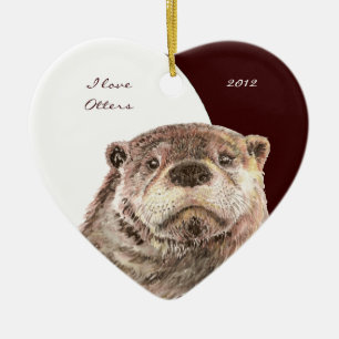 Custom Dated Watercolor "I love Otters" animal Ceramic Tree Decoration