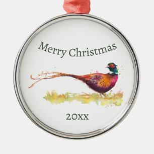 Custom Dated Watercolor Pheasant, Bird Animal   Metal Tree Decoration