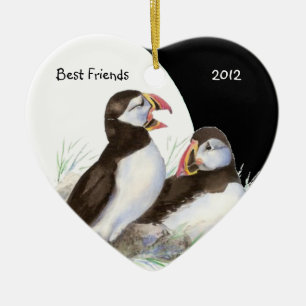 Custom Dated Watercolor Puffins Best Friend Birds Ceramic Tree Decoration