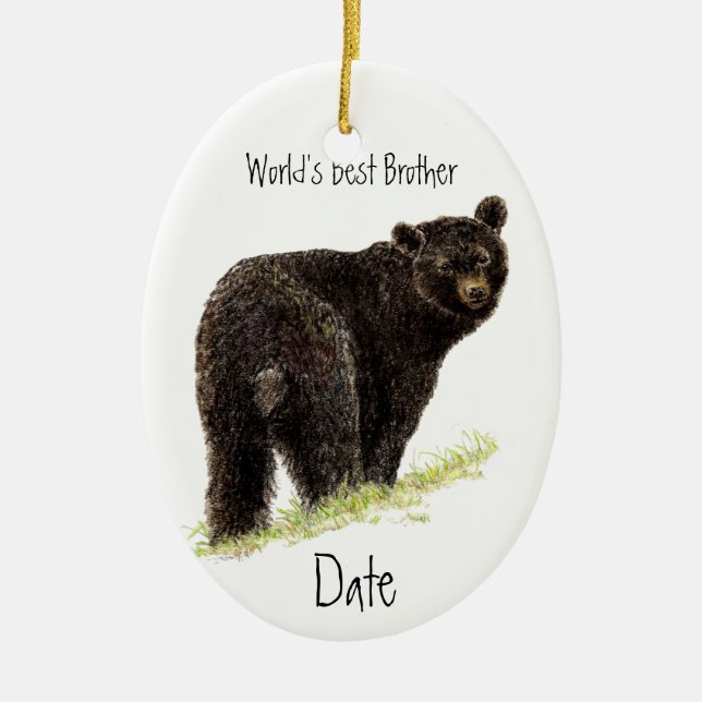 Custom Dated World's Best Brother Black Bear Ceramic Tree Decoration (Front)