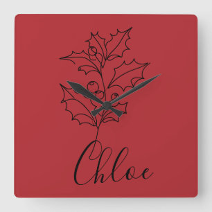 Custom December Holly Birth Flower Gift Square Wall Clock