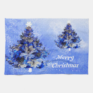 Custom decorated blue christmas tree tea towel