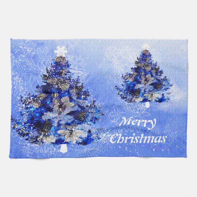 Custom decorated blue christmas tree tea towel (Horizontal)