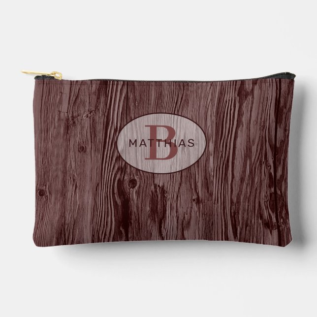 Custom Deep Dark Maroon Red Woodgrain Pattern Accessory Pouch (Front)