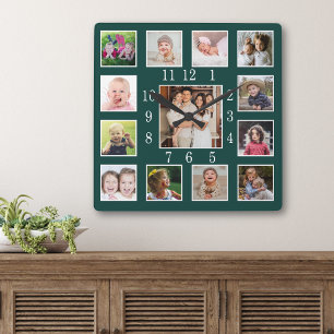 Custom Deep Forest Green 13 Family Photo Collage Square Wall Clock