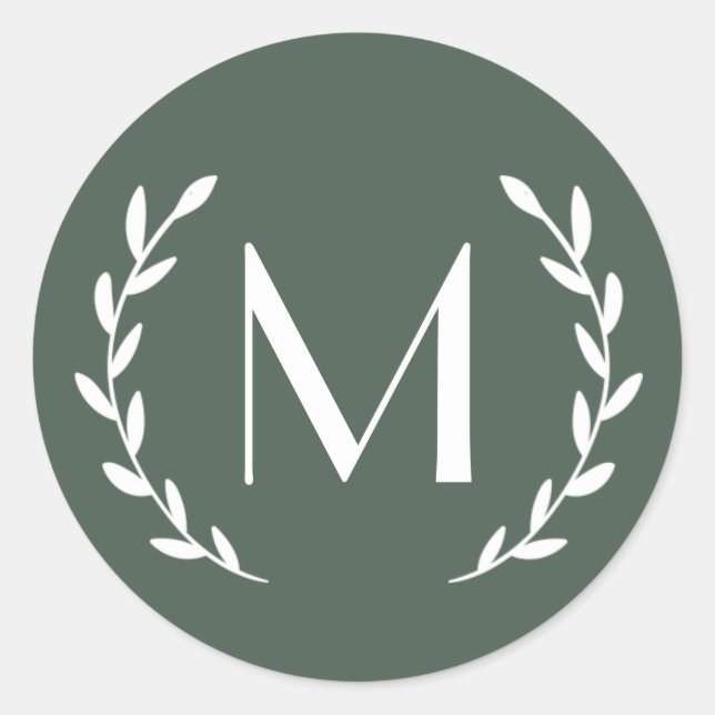 Custom Deep Green Laurel Monogram Letter Initial Classic Round Sticker (Front)