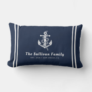 Custom Deep Navy Blue Yacht Nautical Family Name Lumbar Cushion