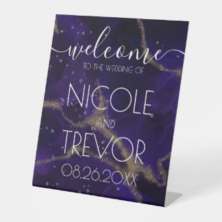 Custom Deep Purple Gold Welcome Wedding  Pedestal Sign