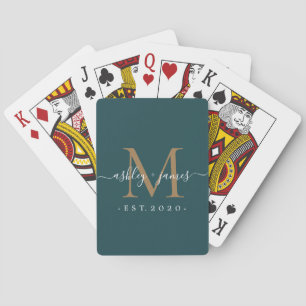 Custom Deep Teal & Gold Monogram Newlywed Playing Cards