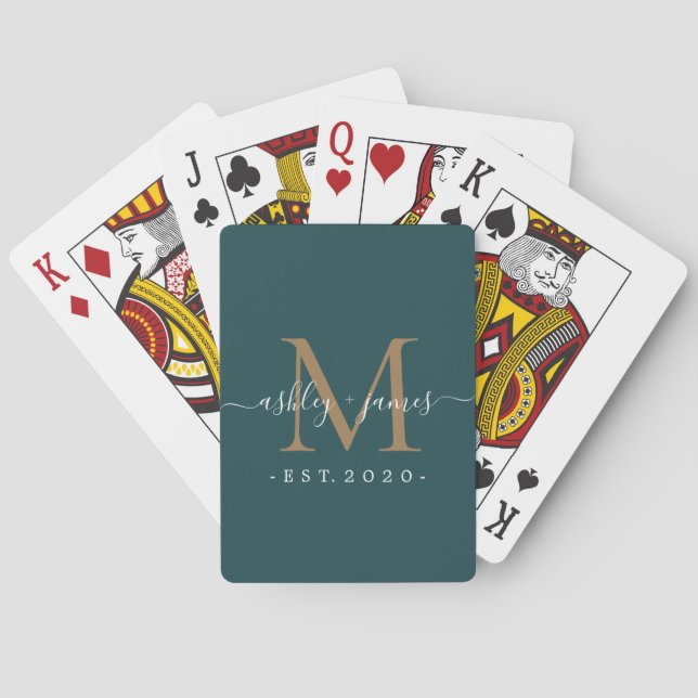 Custom Deep Teal & Gold Monogram Newlywed Playing Cards (Back)