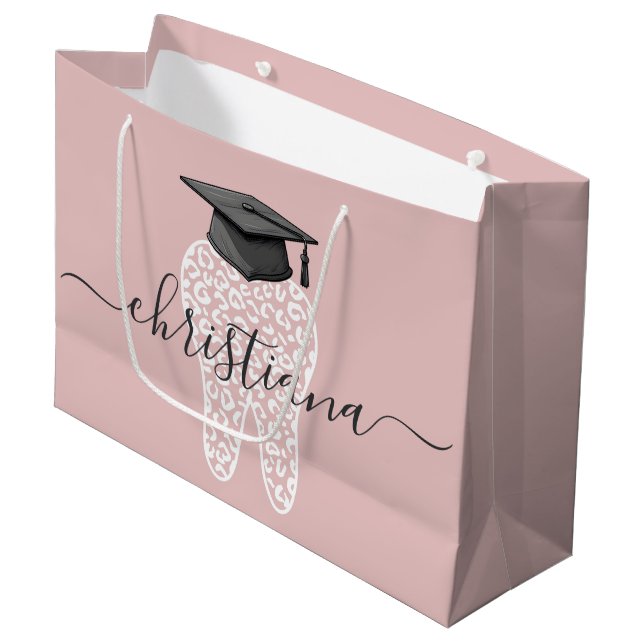 Custom Dental Graduation Leopard Print Tooth Grad Large Gift Bag (Front Angled)