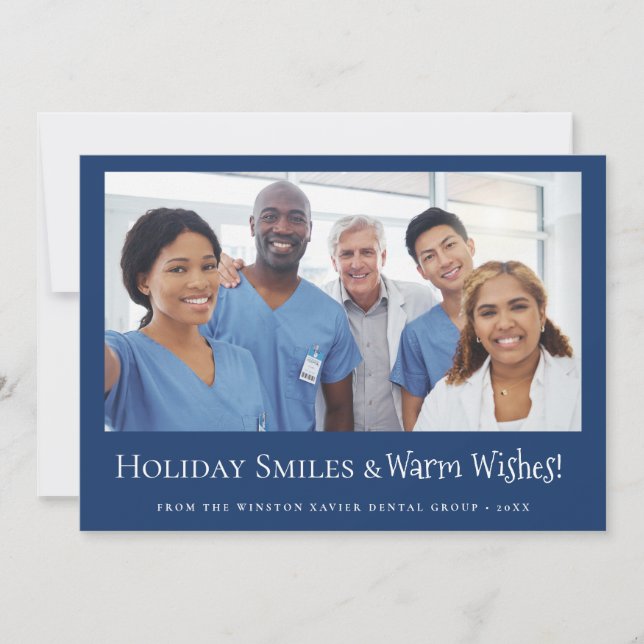 Custom Dental Office Photo Holiday Smiles Blue Card (Front)