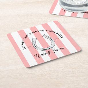 Custom Derby Party Pink Cabana Stripes Horseshoe Square Paper Coaster