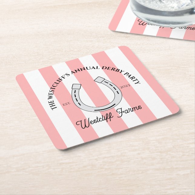 Custom Derby Party Pink Cabana Stripes Horseshoe Square Paper Coaster (Angled)
