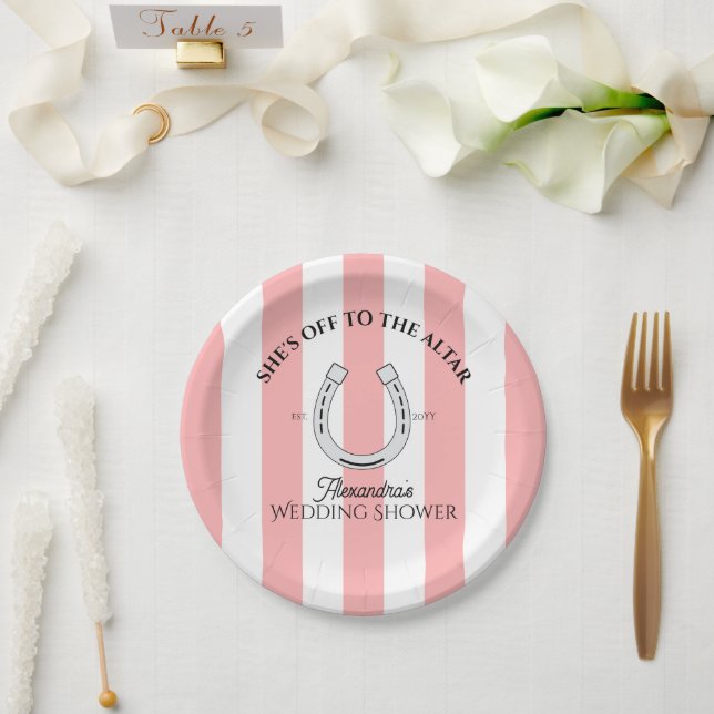 Custom Derby Shower Pink Cabana Stripes Horseshoe Paper Plate (Wedding)
