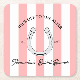 Custom Derby Shower Pink Cabana Stripes Horseshoe Square Paper Coaster