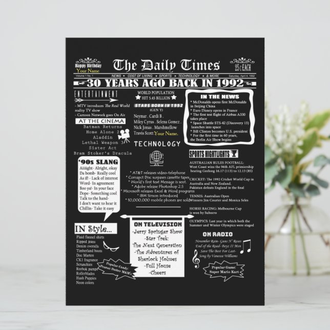 Custom Design 30th Birthday Invite Year 1992 (Standing Front)